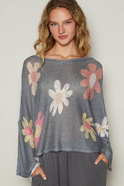 flower - flower  ❤︎︎   loosely knit tops Loose Knit Short Sleeve Sweater with Crocheted Flower Detail