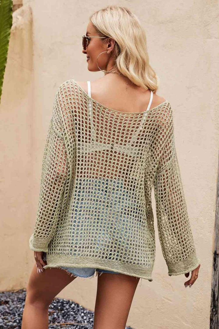 ClaudiaG Openwork Round Neck Long Sleeve Cover Up