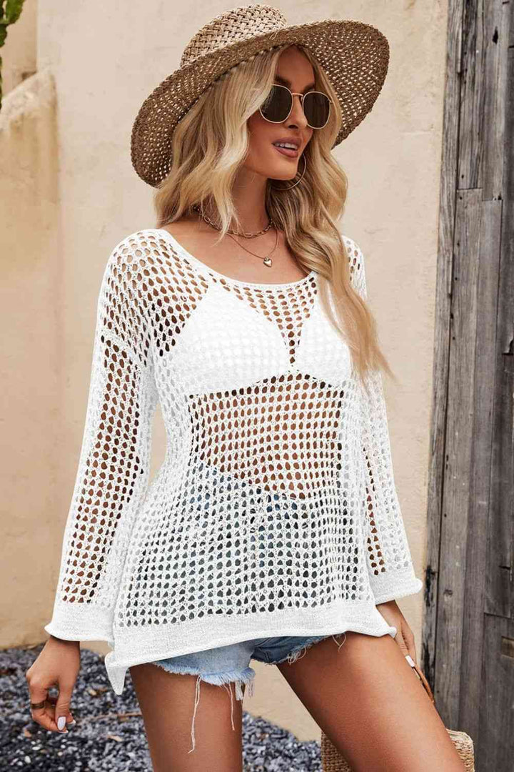 ClaudiaG Openwork Round Neck Long Sleeve Cover Up
